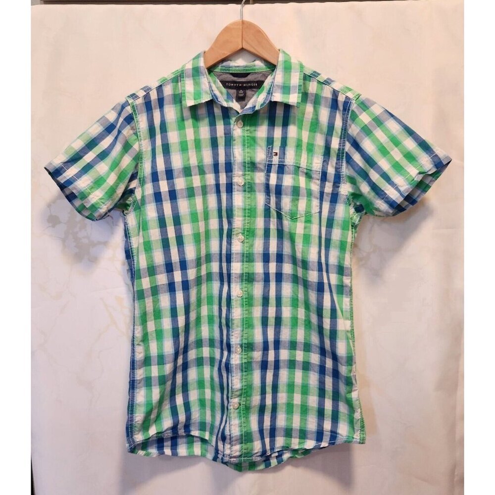 Tommy Hilfiger Button Up Shirt Youth Boys XL Short‎ Sleeve Blue/Green Plaid